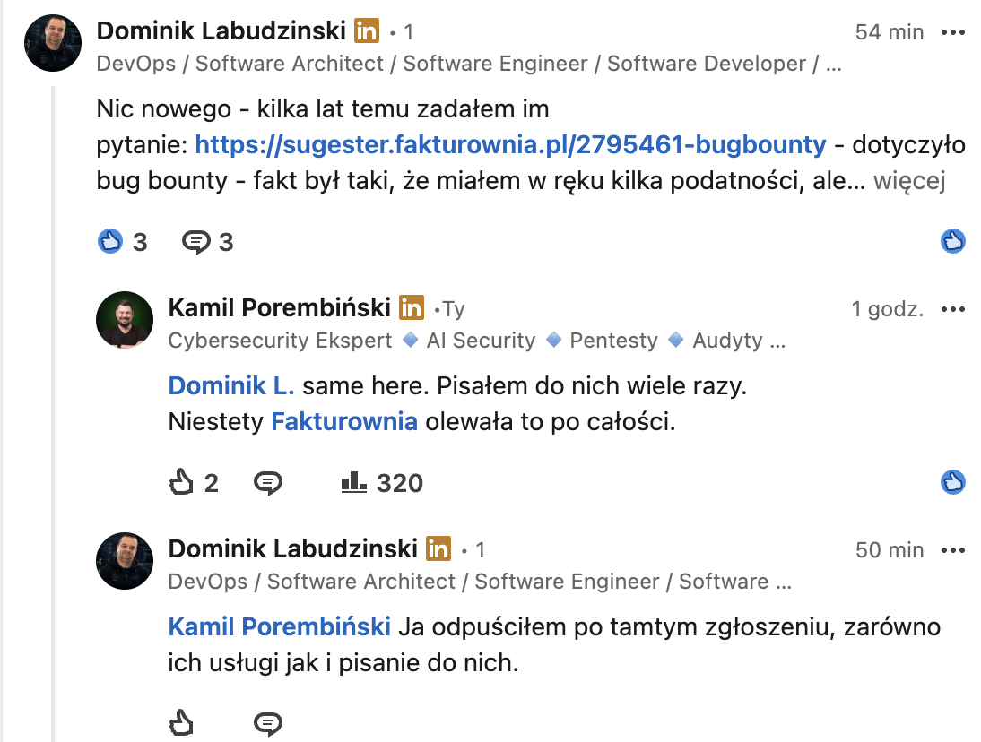 Screenshot of a conversation about the Fakturownia.pl leak