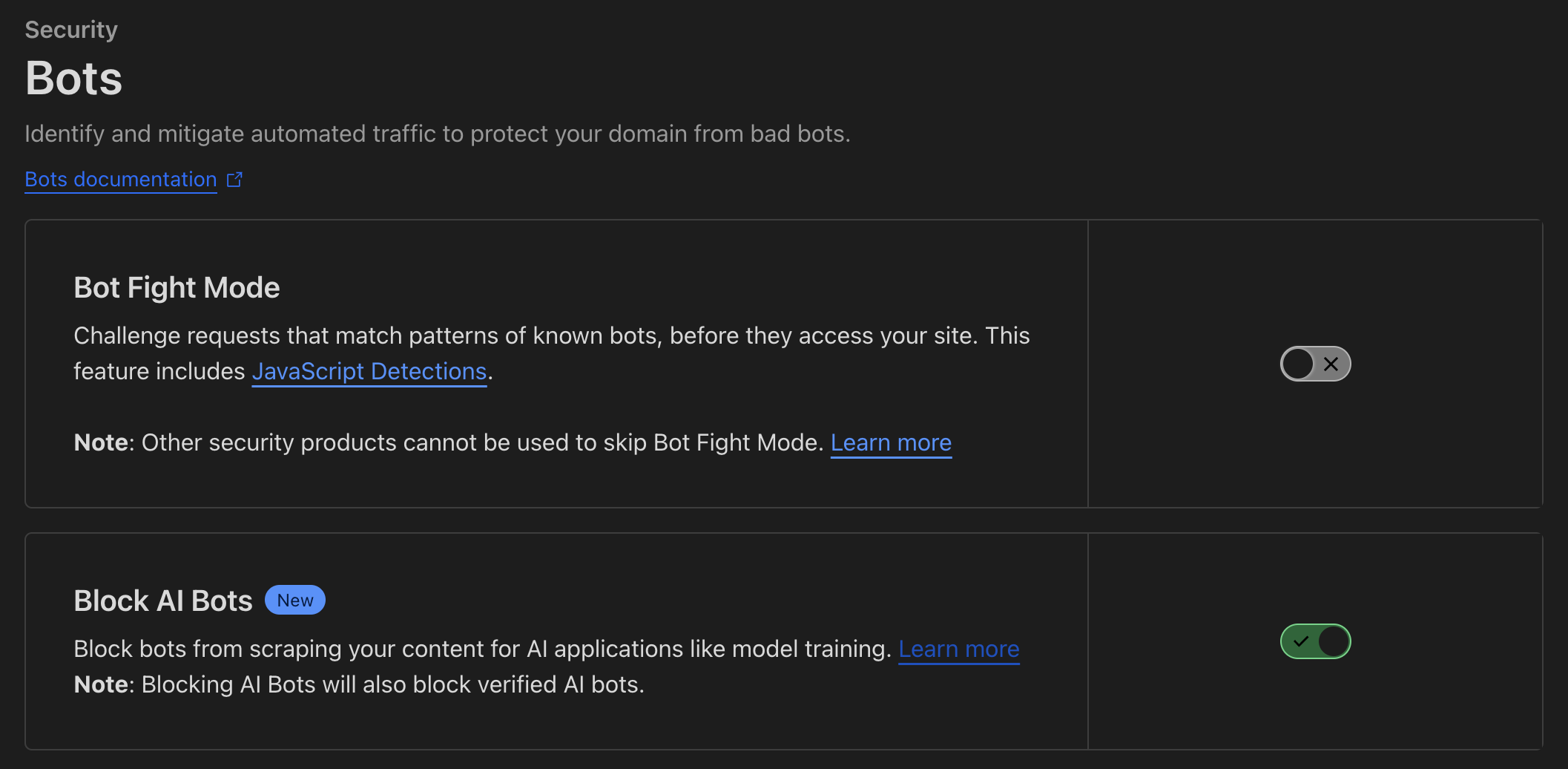 Security > Bots > Block AI Bots